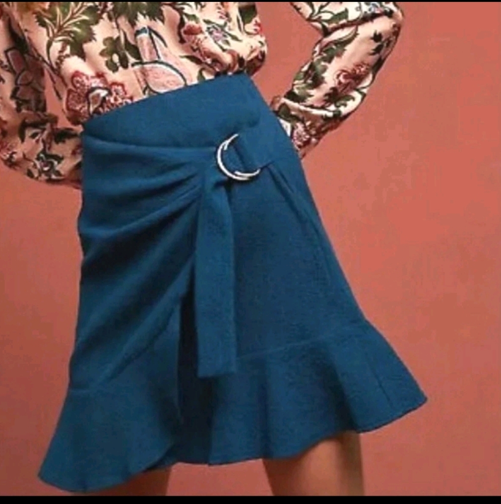 Maeve Anthropologie Tamoria Blue Wrap Skirt Ruffle Hem Textured‎ Mini size 2
